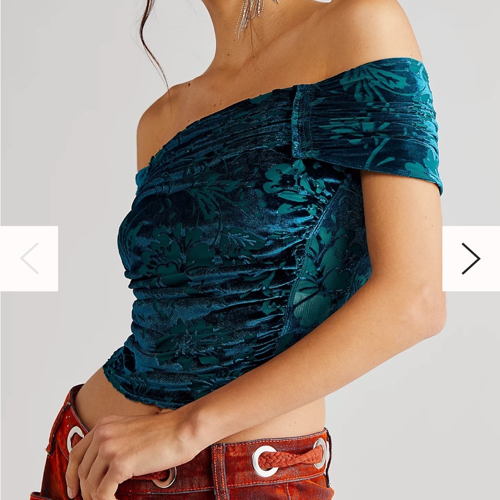 Free people velvet blue green jacquard off shoulder top cropped open back